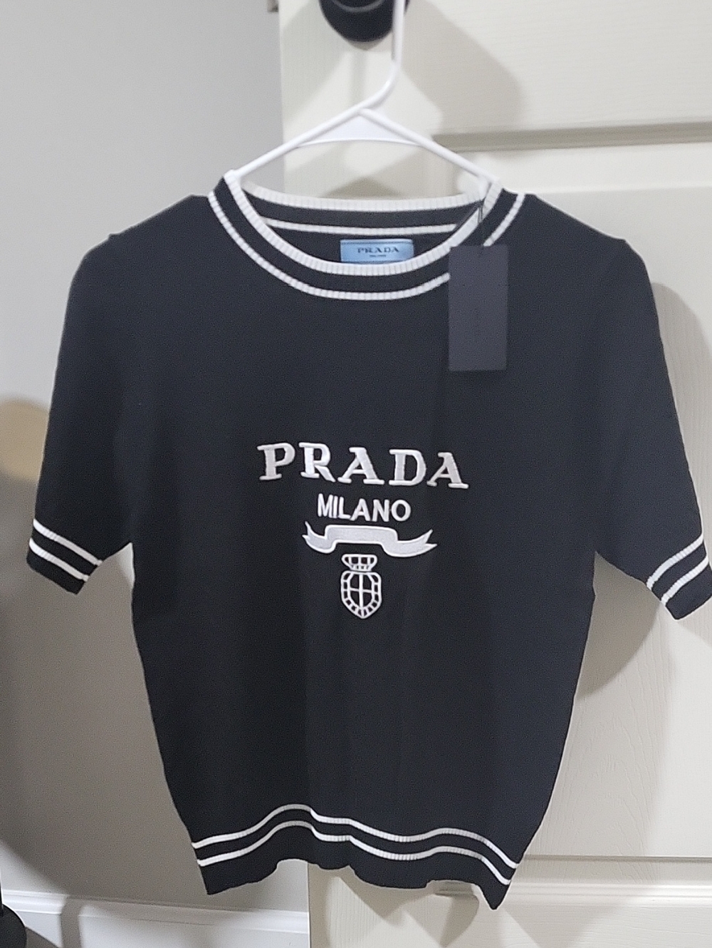 Prada Black Knit Logo Short-Sleeve Sweater with White Trim